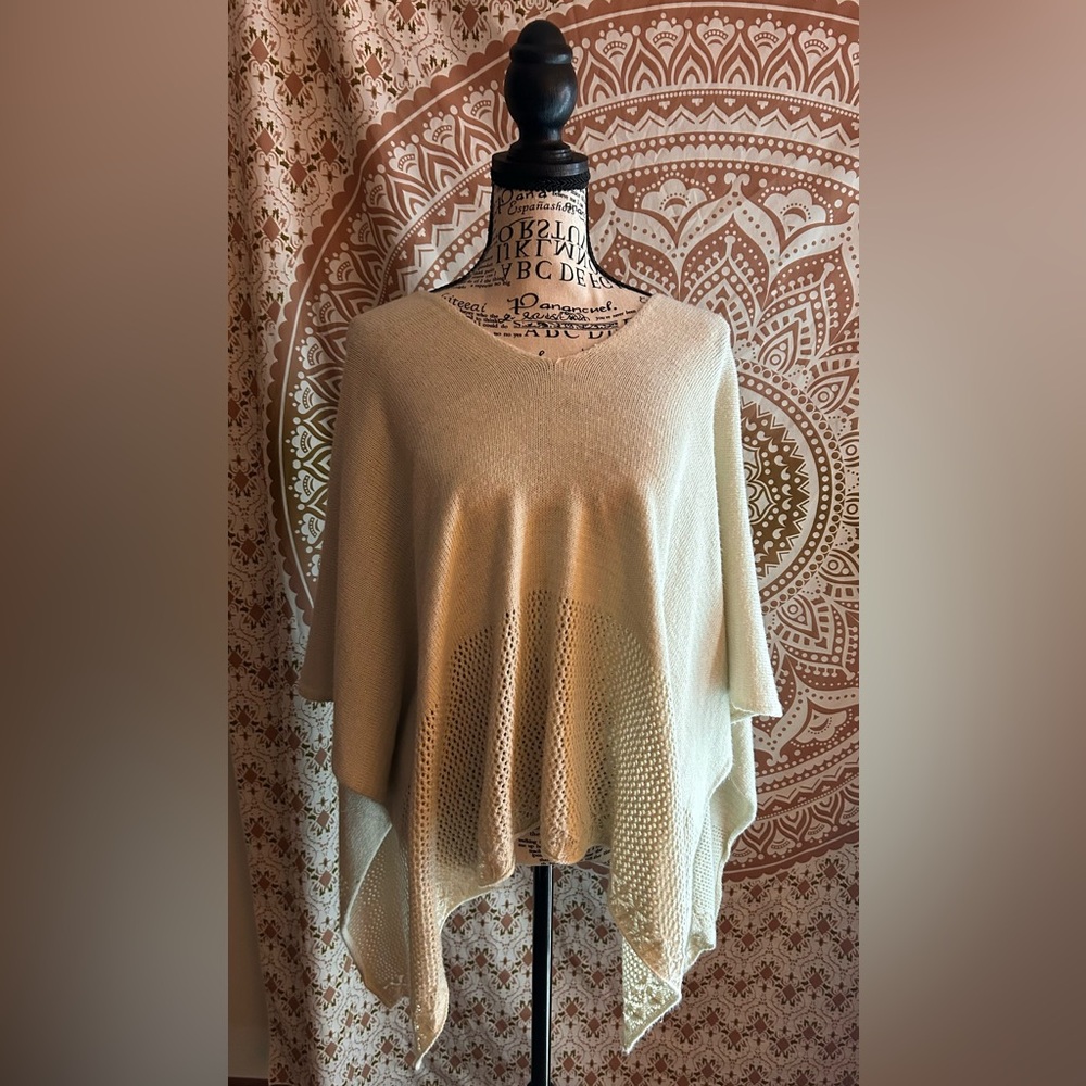 Sparkly Cream Metallic Knit Poncho - Pointelle Hem V-Neck - One Size